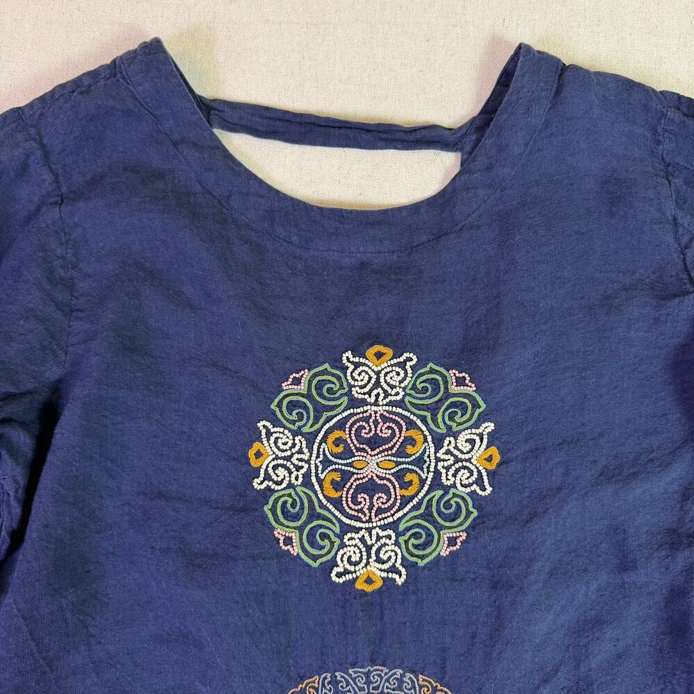 Manan Linen Kurta Dress Women's XL Blue Embroidered Beaded Mandala Medallions